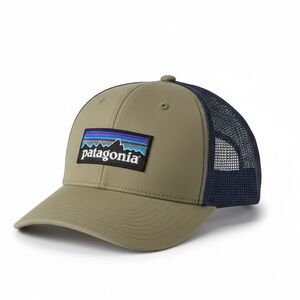 Patagonia P 6 Logo Trucker Hat Snapback Adjustable Tan Blue LoPro Cap Organic